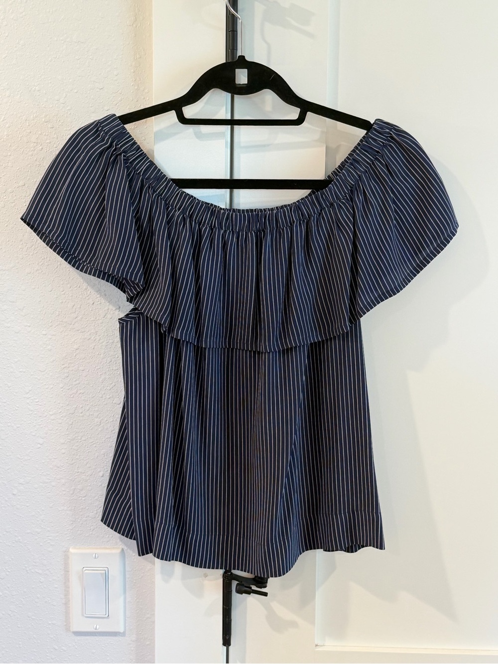 Madewell Navy and White Pinstripe Off-Shoulder  Silk Top